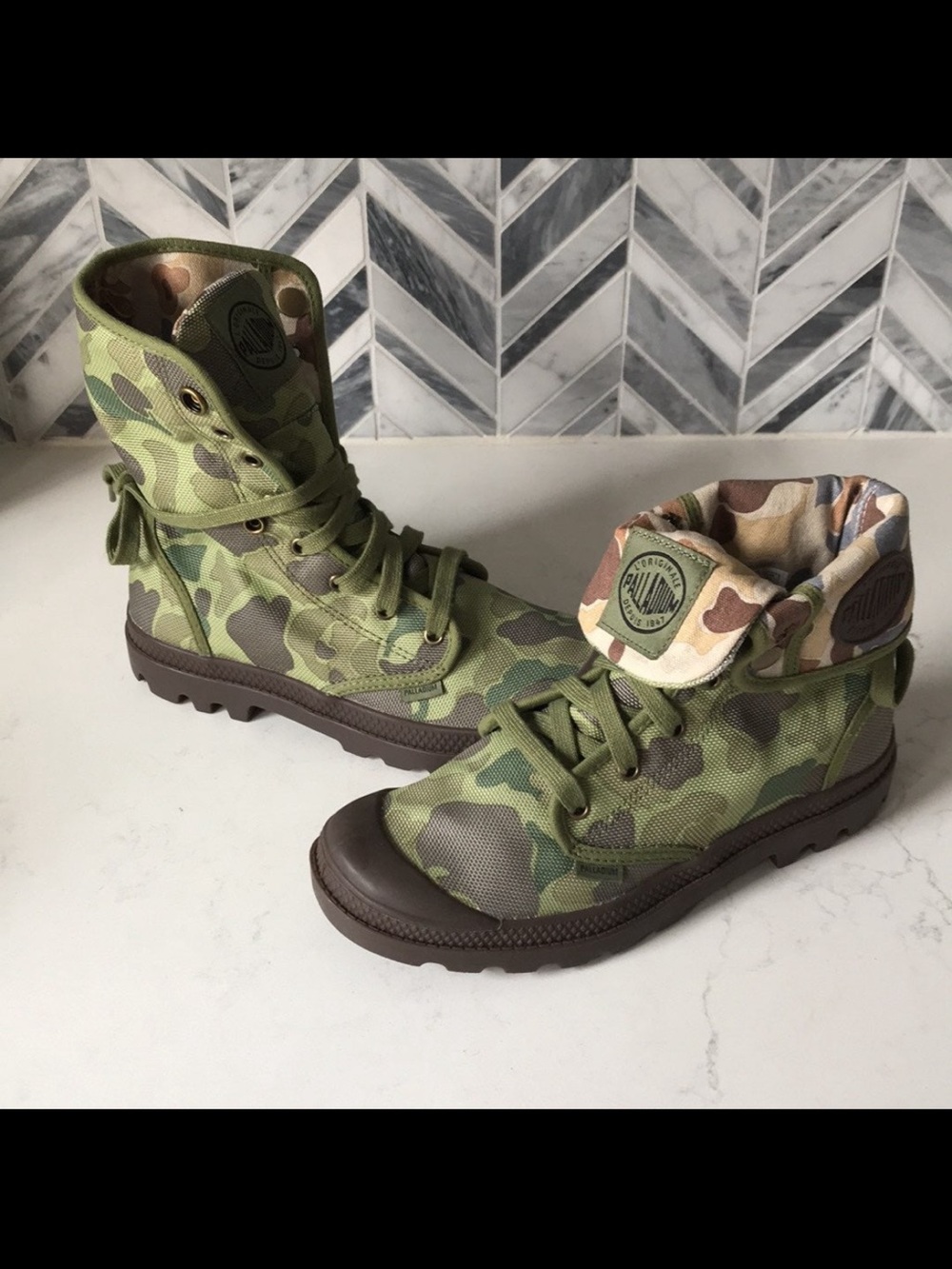 Palladium Fold-Over Camo Canvas Boots in Green and Brown